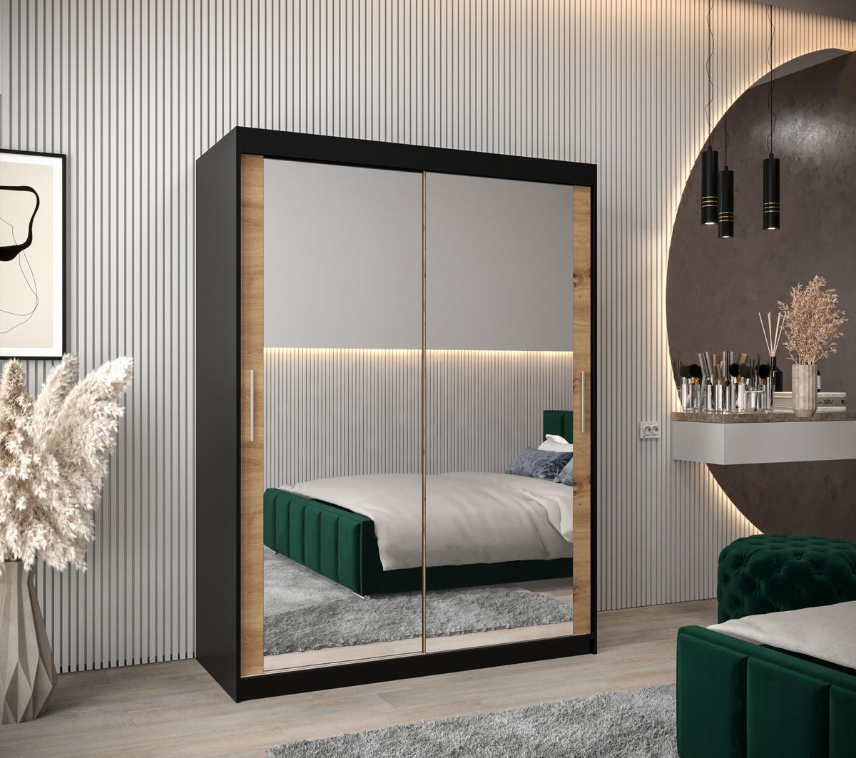 SCHWEBETÜRENSCHRANK 200/150/62 2-türig - Silberfarben/Schwarz, Holz/Kunststoff (150/200/62cm) - Abiks Möbel