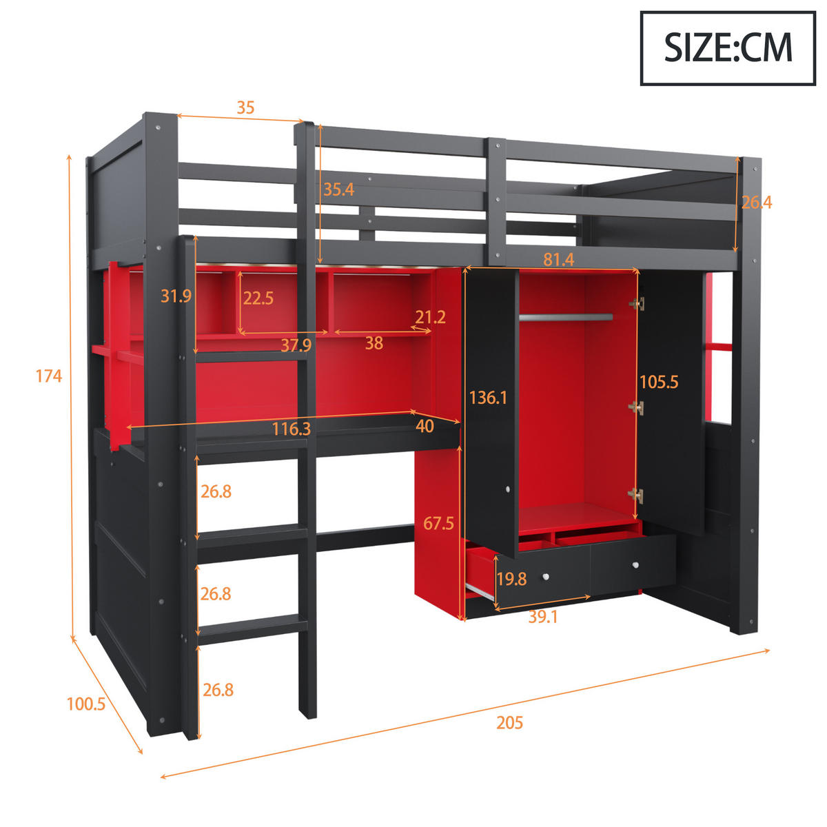 HOCHBETT 90/200 cm in Schwarz und Rot mit LED, Steckdosen, Leiter und Stauraum - Schwarz, Holz/Holzwerkstoff (90/200cm) - WISHDOR