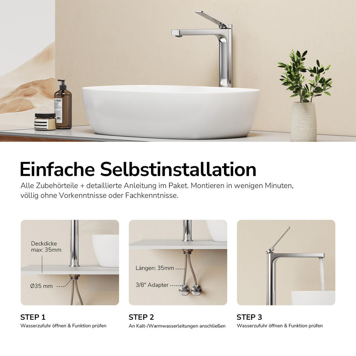 WASCHTISCHARMATUR mit Zertifiziertem Filterelement Verchromt Hoher Stil - Chromfarben, Metall (23.3/4.6/33.5cm) - EMKE