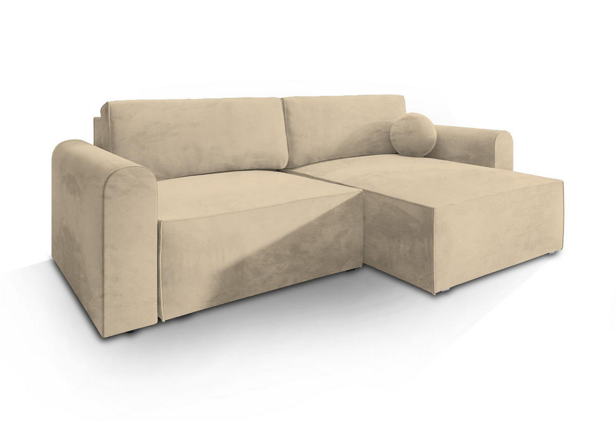 ECKSOFA FIANO M Creme Velours-Stoff mit Schlaffunktion - Creme, Holz (245/148cm) - MASSENO
