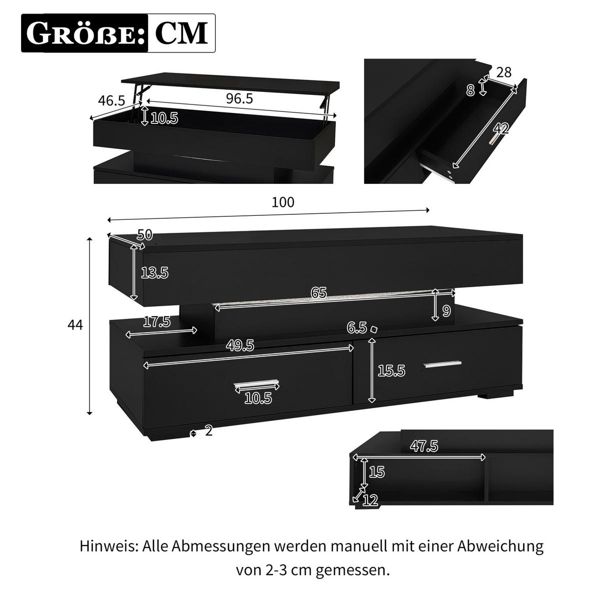 COUCHTISCH aus Spanplatte 100x50x44 cm Schwarz mit hydraulisch höhenverstellbarer Tischplatte, LED-Beleuchtung und 2 Schubladen - Weiß, Holzwerkstoff (100/50/44cm) - Modfu