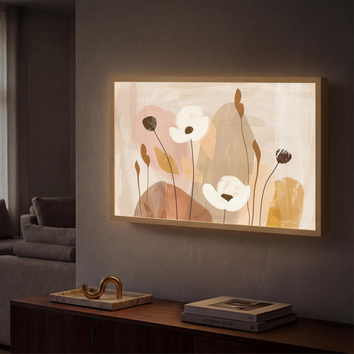 WANDLEUCHTE MIT AKKU Blumen - Abstrakt - Beige - Strichzeichnung 60x40 cm - Sandfarben, Holzwerkstoff (60/40/8cm) - OnlyWow