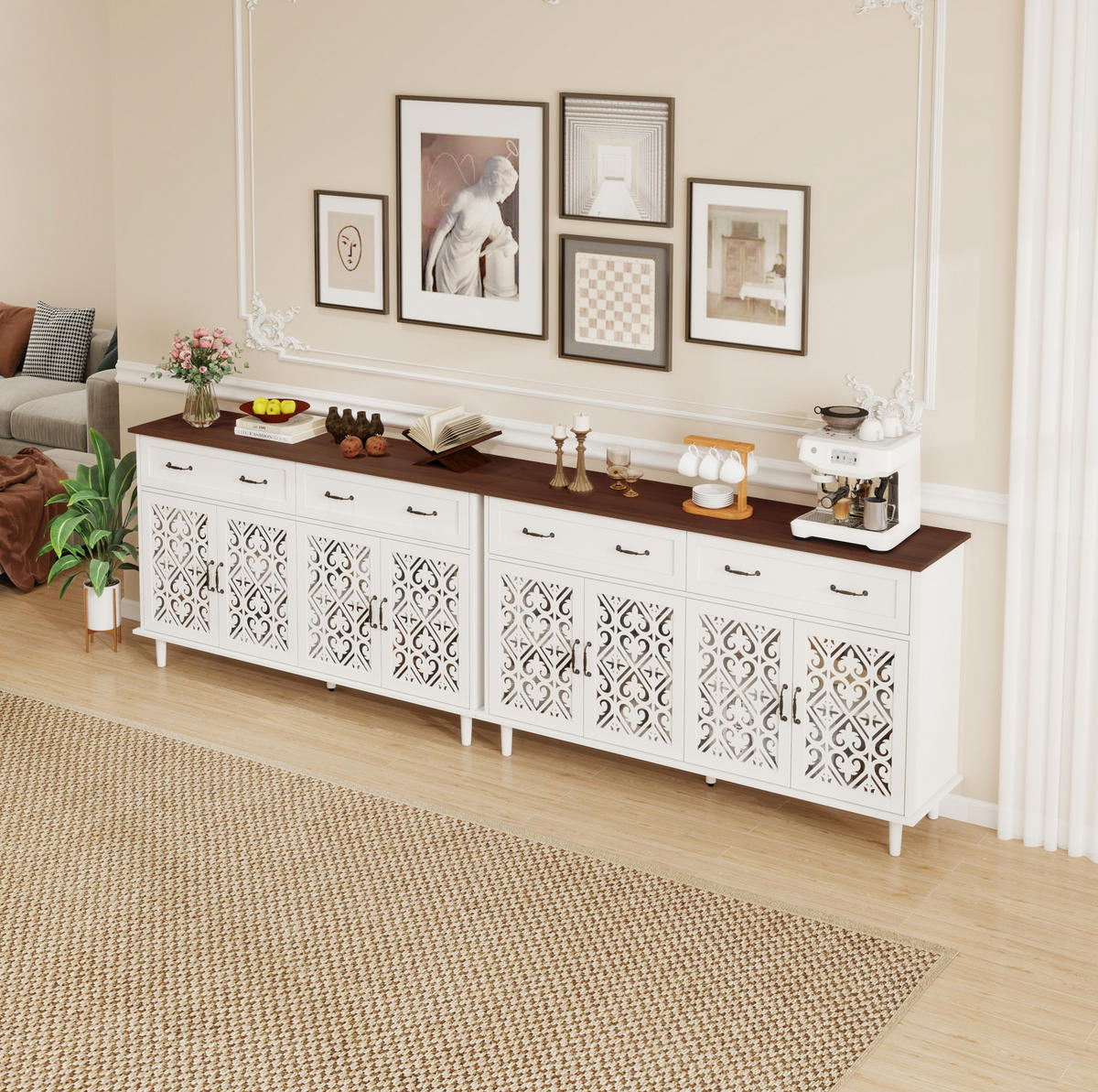 SIDEBOARD mit 4 Türen, 2 Schubladen, verstellbaren Einlegeböden und Massivholzplatte, Weiß - Weiß, Holzwerkstoff (150/90.3/40cm) - Redom
