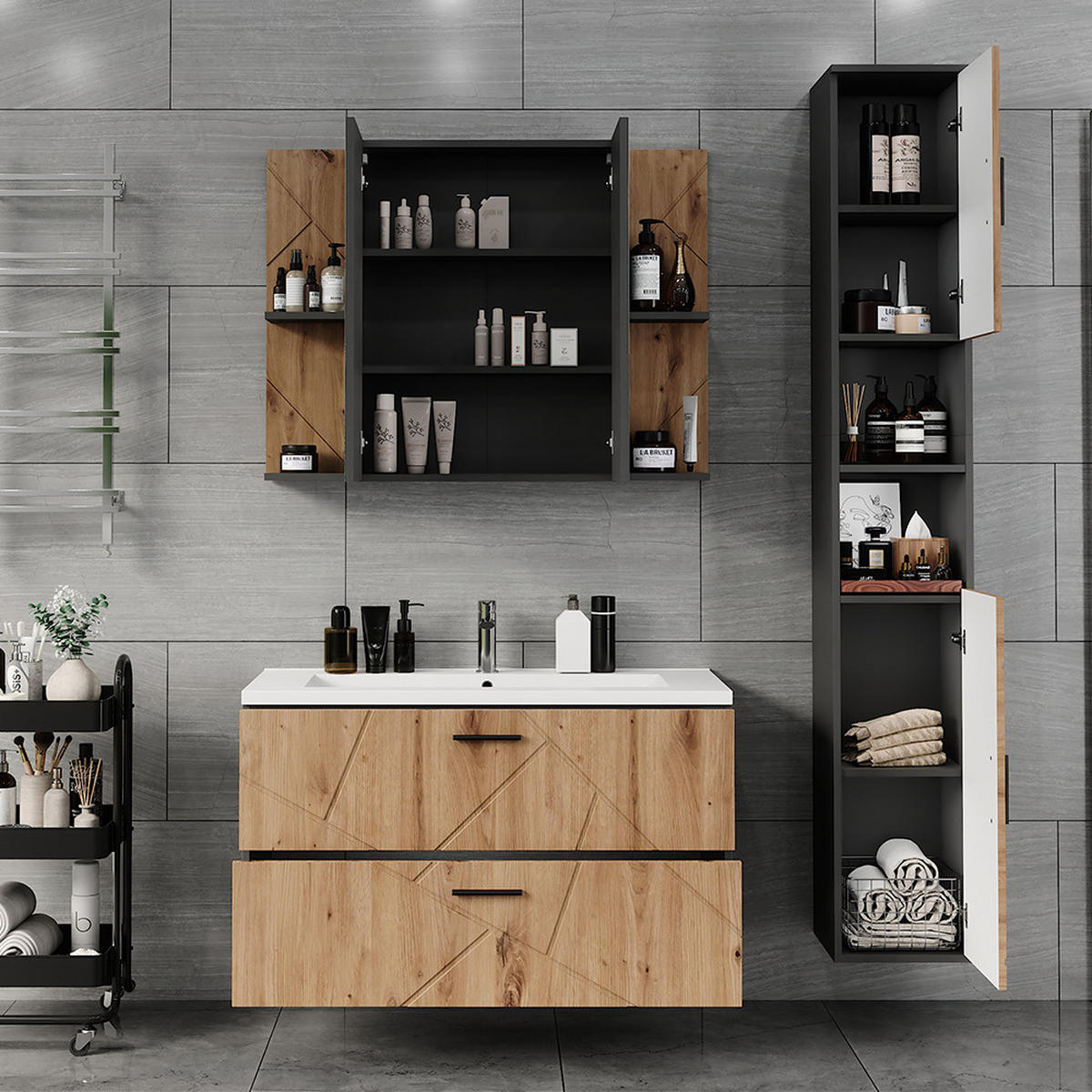 SESTAVA KOUPELNOVÉHO NÁBYTKU Irma Antracit/Artisan - antracitová/dub artisan, kompozitní dřevo (100/57/44.6cm) - Vicco