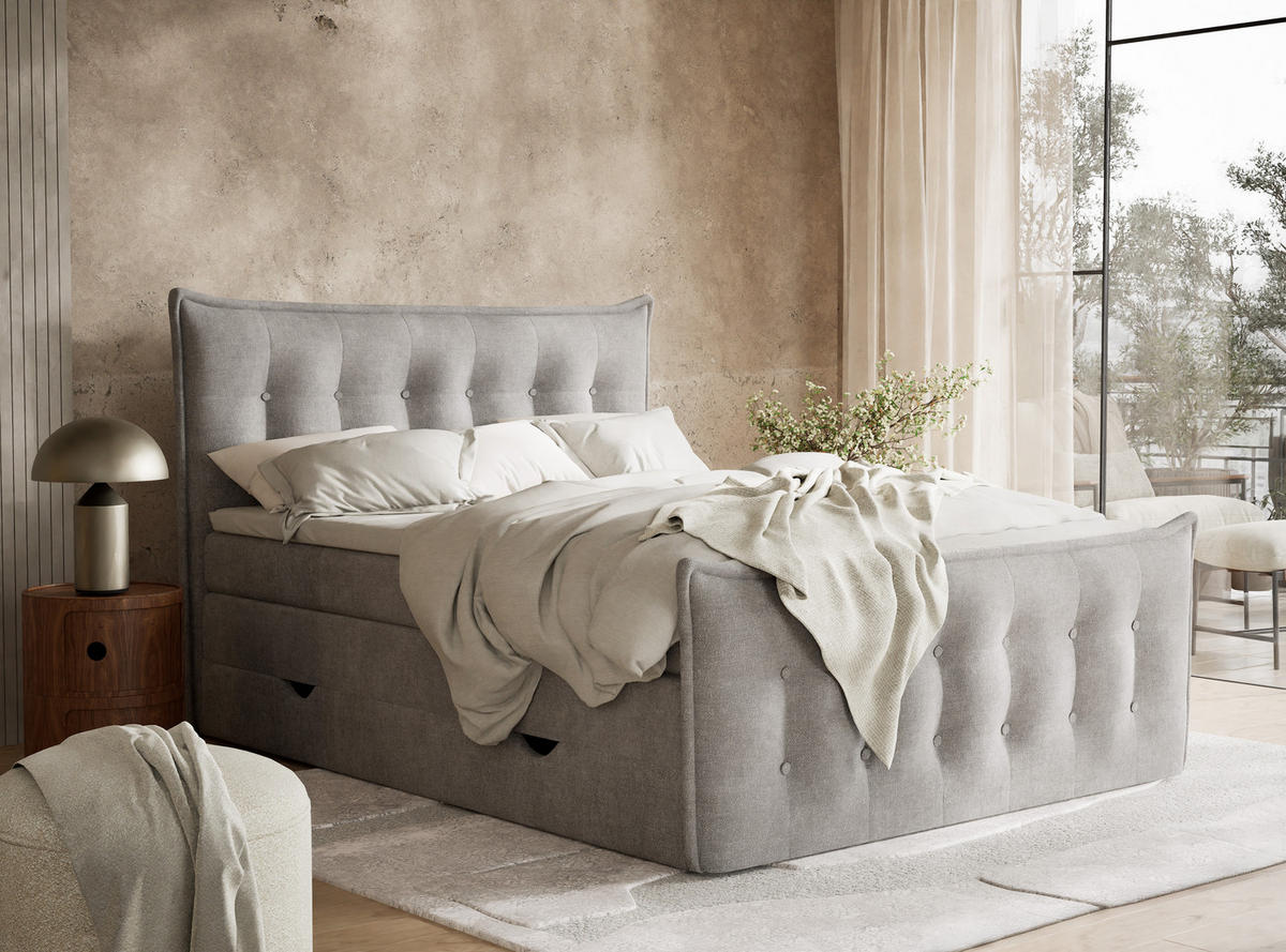 BOXSPRINGBETT Fatu 140/200 cm, in Beige grau, Bettkasten, Matratze, Topper - Beige/Schwarz, Holz/Holzwerkstoff (140/200cm) - Maison de Reve