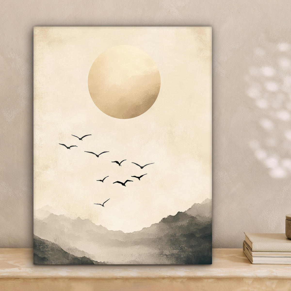 LEINWANDBILD Landschaft - Japandi - Vogel 30x40 cm - Beige, Textil (30/40cm) - MuchoWow