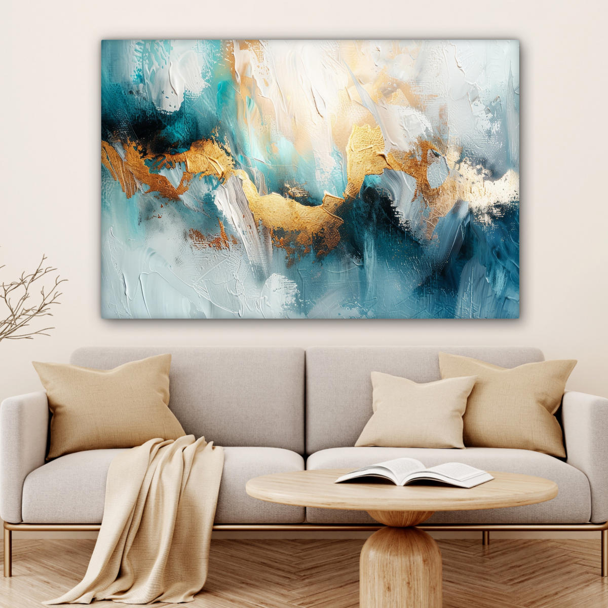LEINWANDBILD Abstrakt - Kunst - Gold - Blau Wohnzimmer Groß 120x80 cm - Petrol, Textil (120/80cm) - MuchoWow