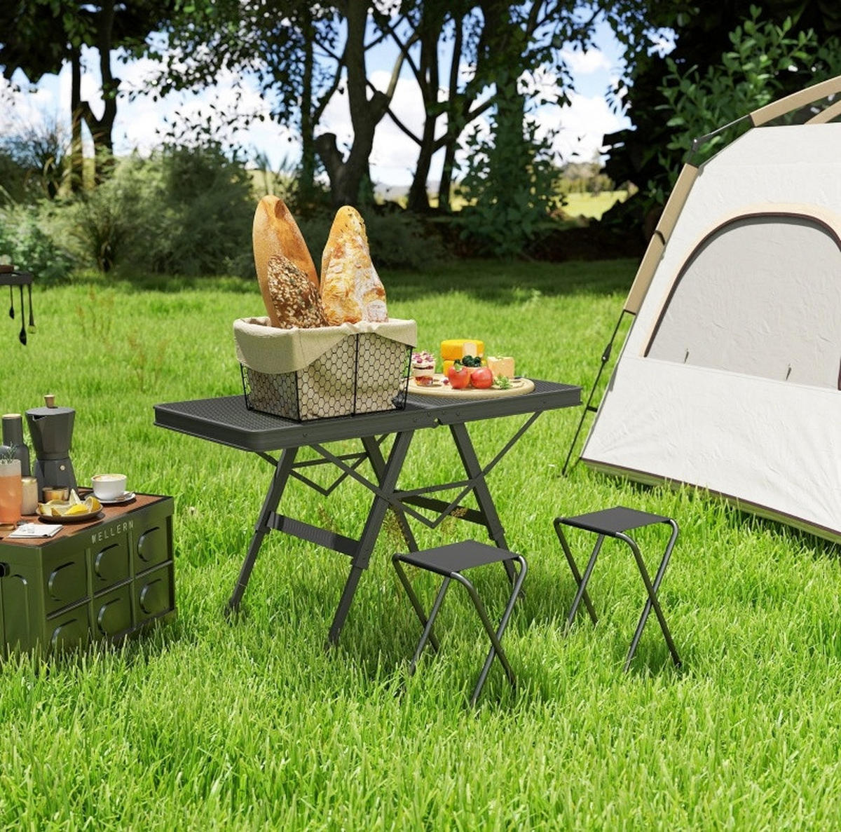CAMPINGTISCH 90/40,5/48-58 cm höhenverstellbar und klappbar mit Metallgitter-Tischplatte, Schwarz - Schwarz, Metall (90/40.5/58cm) - Redom