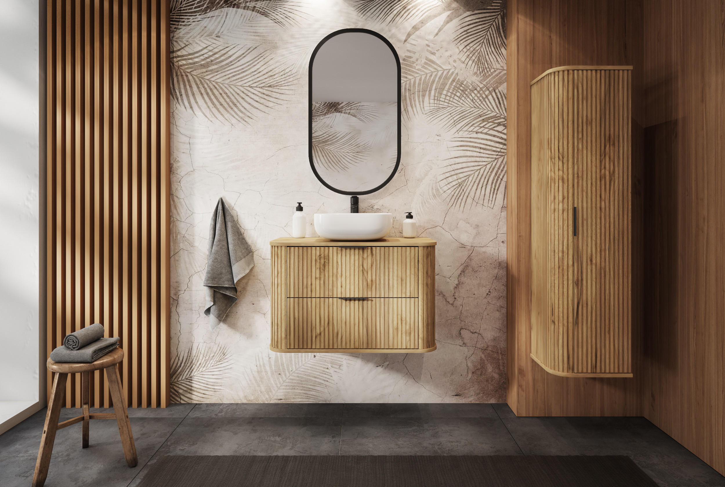 BADEZIMMERSCHRANK, Gold Craft Eiche, Schwarzer Griff, 35,5 x 139 x 31,5 cm - Eichefarben/Schwarz, Holzwerkstoff/Kunststoff (35.5/139/31.5cm) - 3XE LIVING