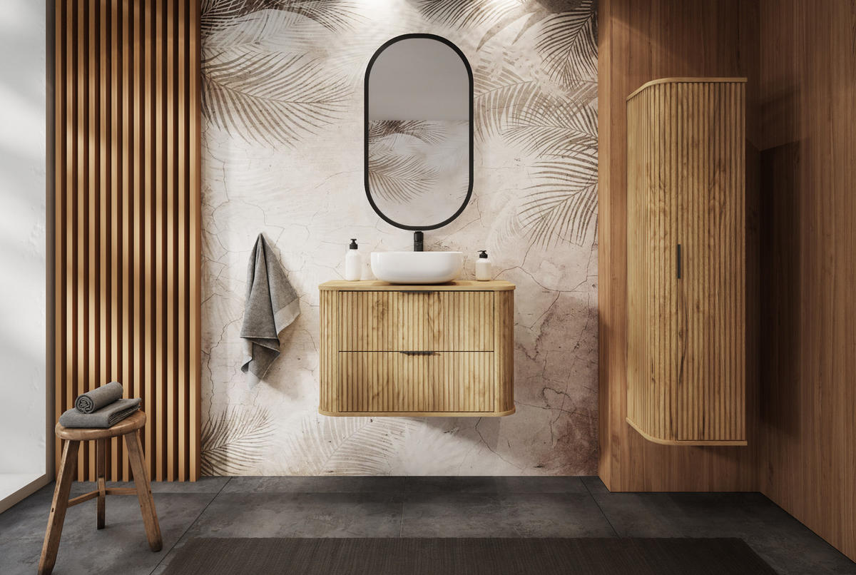 BADEZIMMERSCHRANK, Gold Craft Eiche, Schwarzer Griff, 35,5 x 139 x 31,5 cm - Eichefarben/Schwarz, Holzwerkstoff/Kunststoff (35.5/139/31.5cm) - 3XE LIVING