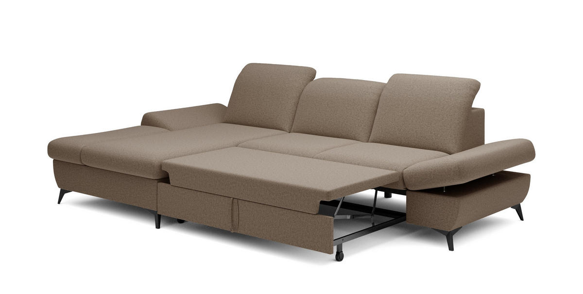 ECKSOFA FELICE L-S Braun Geflochtener Stoff mit Schlaffunktion - Braun, Holz (284/166cm) - MASSENO