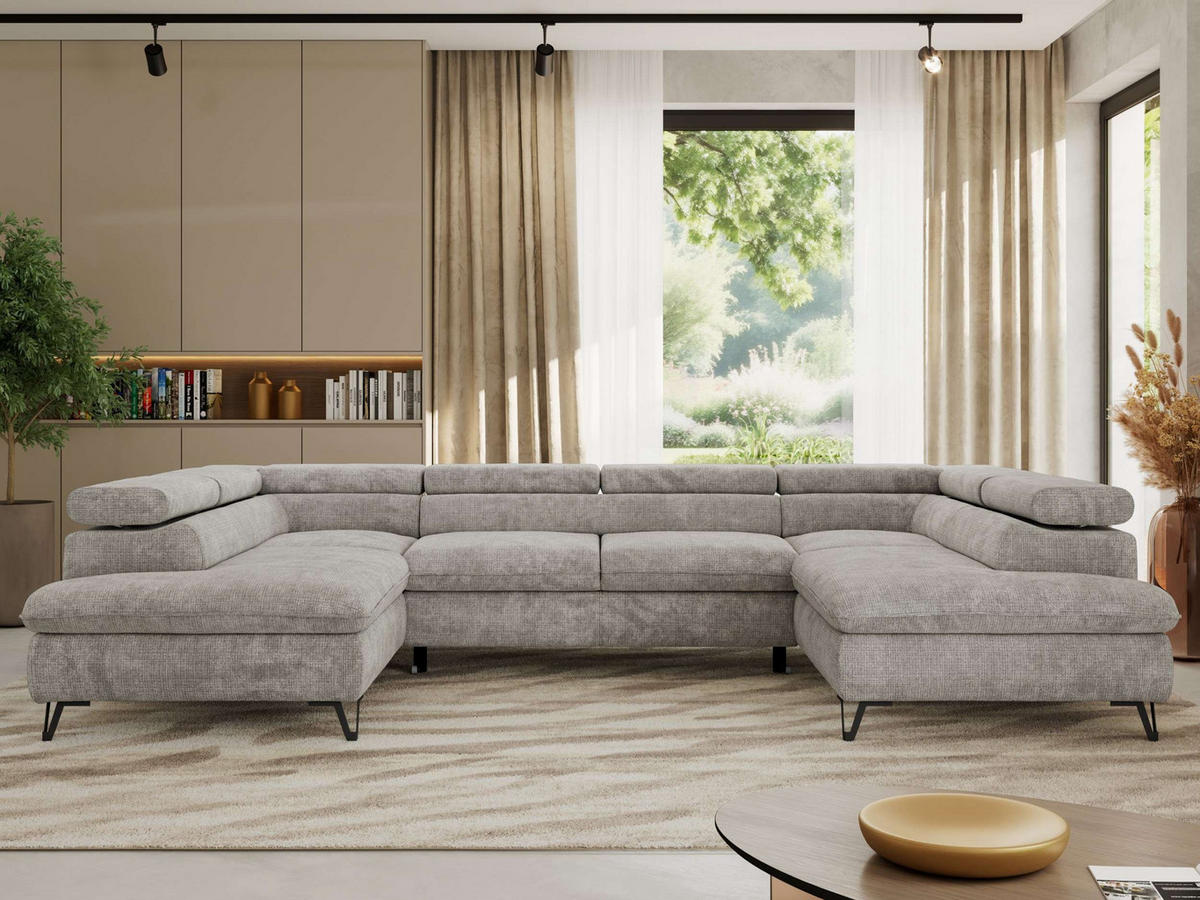 WOHNLANDSCHAFT PABLO U Schenille grob gewebt Hellgrau - Hellgrau/Schwarz, Textil/Metall (346/76/208cm) - MKS