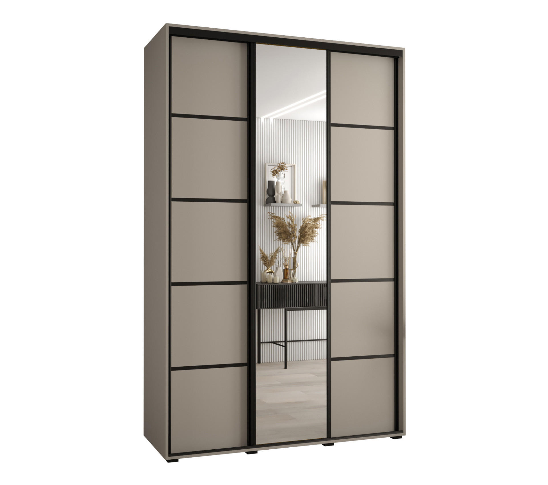 SCHWEBETÜRENSCHRANK 235,2/150/45 3-türig - Kaschmir/Schwarz, Holz/Metall (150/235.2/45cm) - MÖBEL KRYSPOL