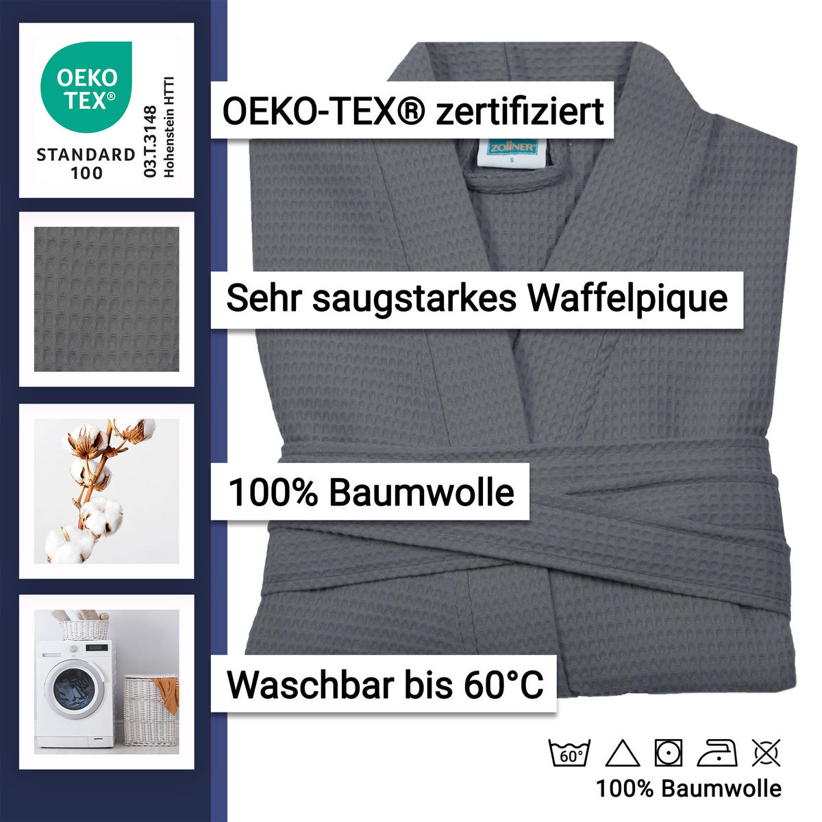 BADEMANTEL, S, 100% Baumwolle, Grau - Anthrazit, Textil (Scm) - Zollner