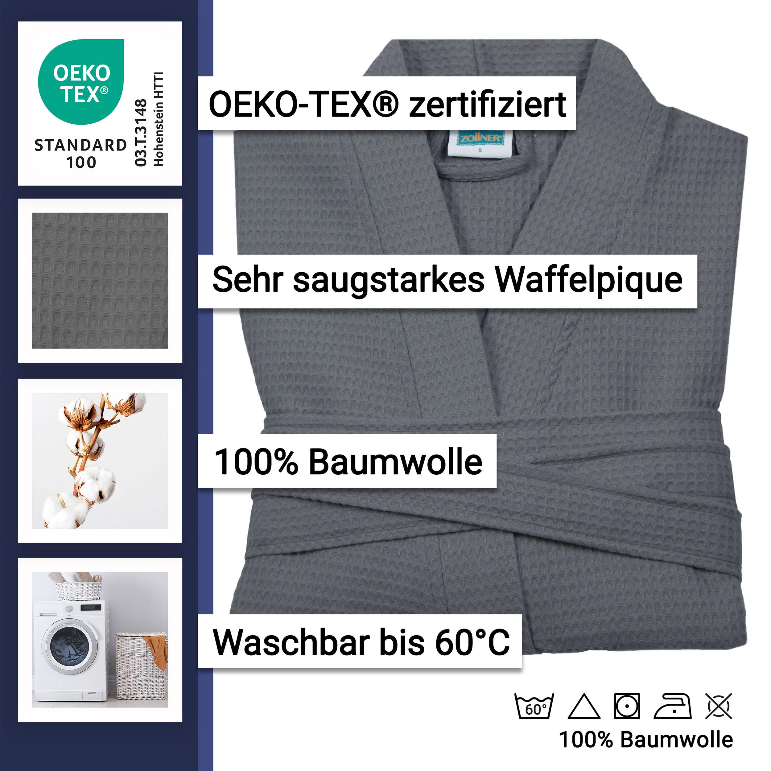 Thumbnail - Zollner Bademantel,, Anthrazit, Textil, Gr. XL cm, unisex, Oeko-Tex® Standard 100, Badtextilien, Bademäntel