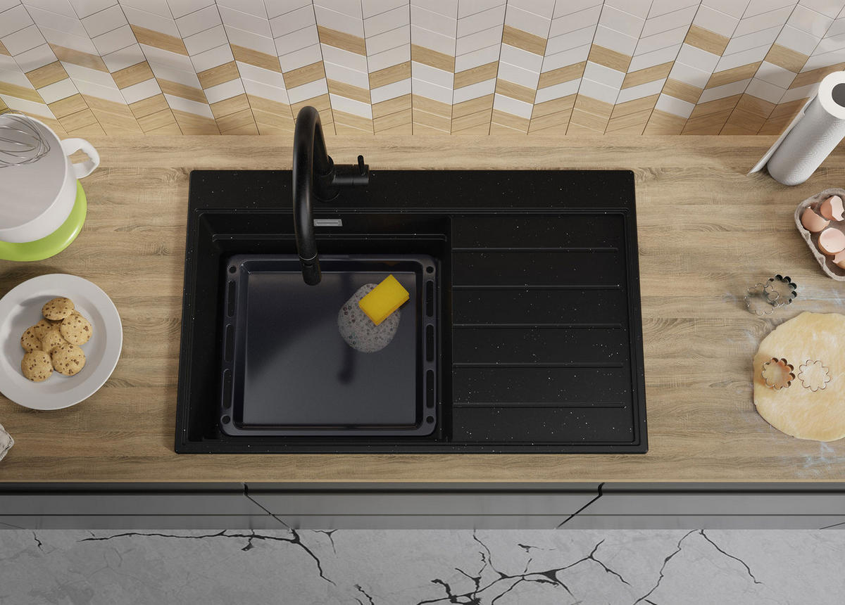 SPÜLBECKEN Sydney, 2-er set Schwarz Metallic 78/50 cm 1 Becken + Ablauf-Set + Küchenzubehörset ab 50er Unterschrank - Chromfarben/Schwarz Hochglanz, Kunststoff (78/20/50cm) - Primagran