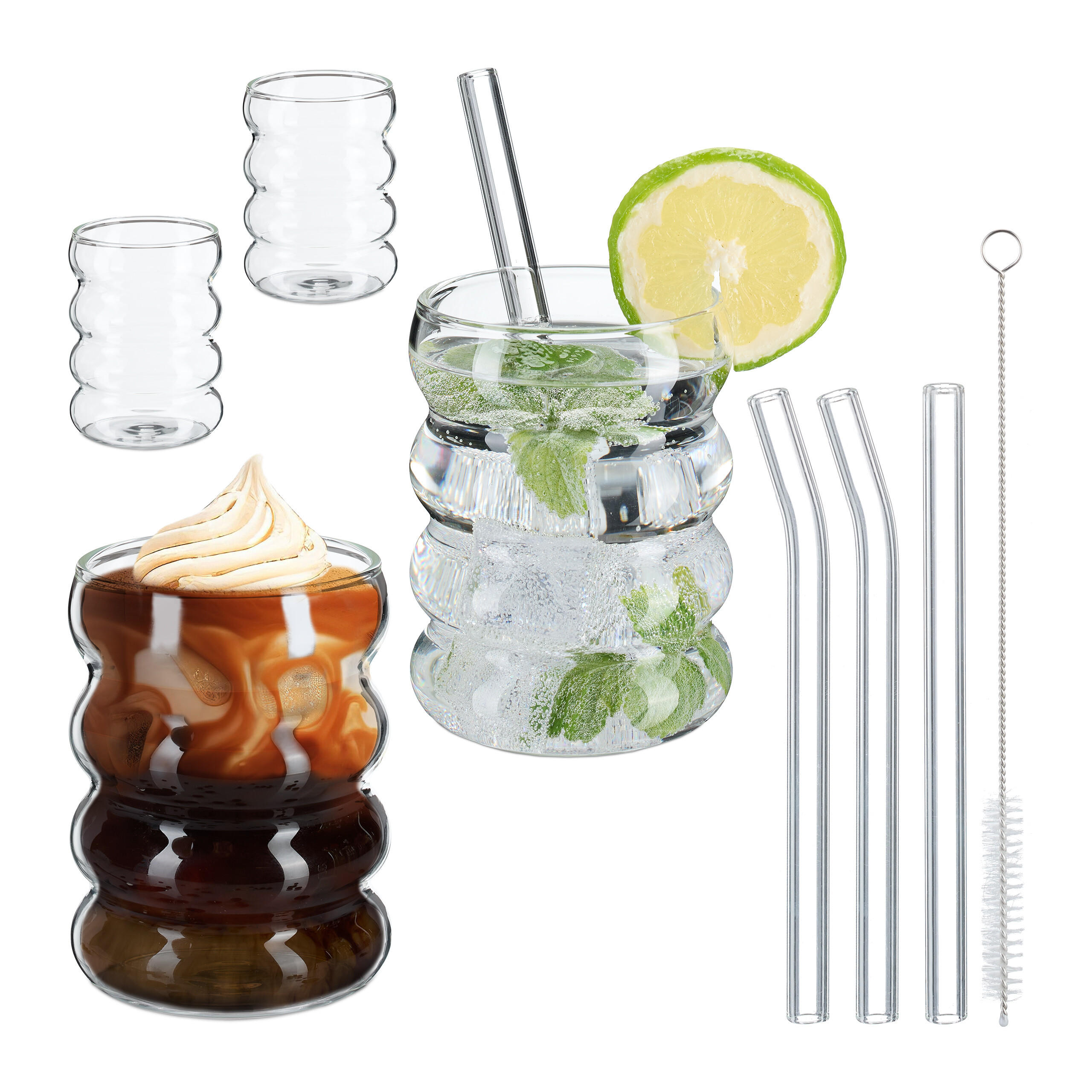 Relaxdays SKLENICE Transparentní 4dílná-sada vlnitý design se skleněnými brčky 350 ml