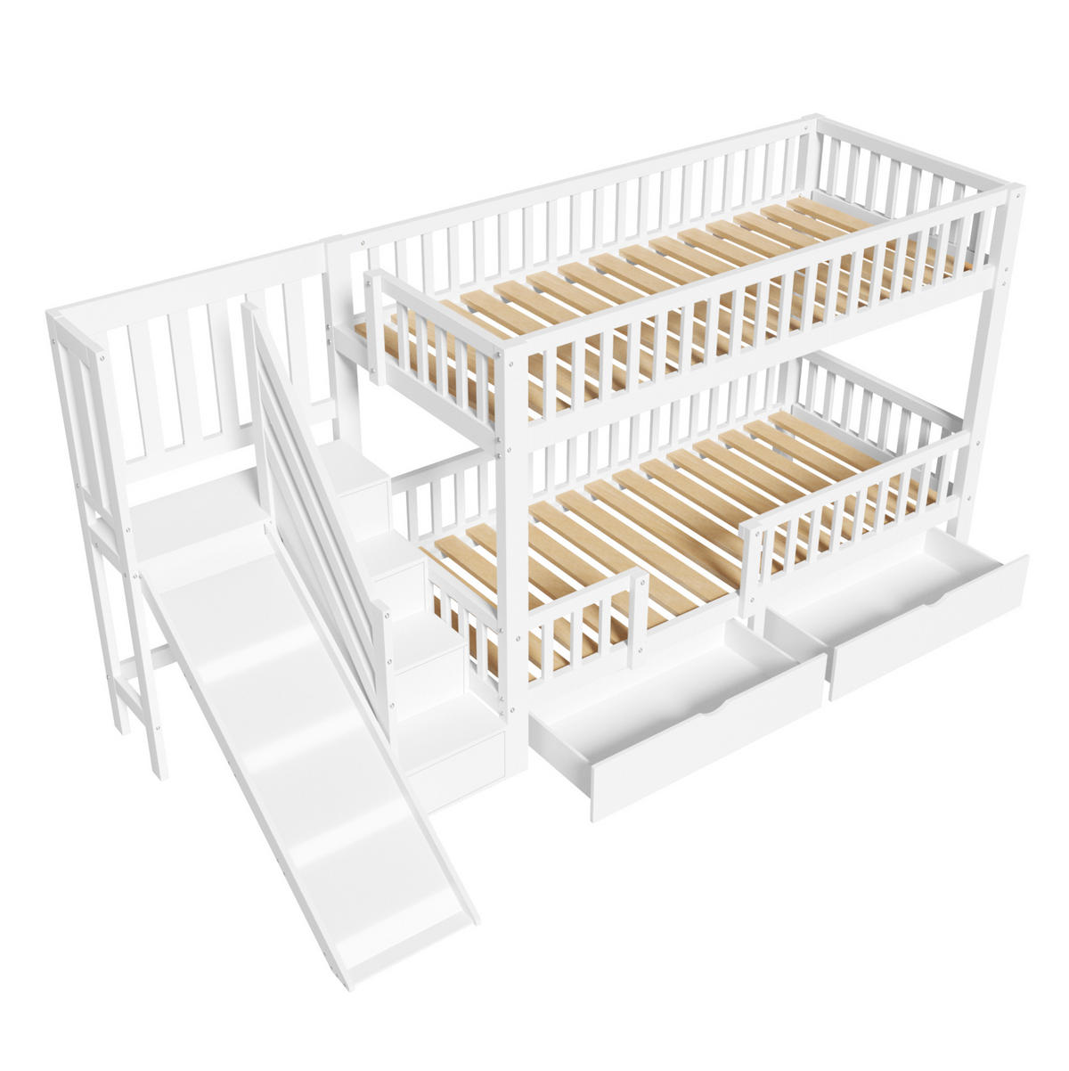 ETAGENBETT 90/200 cm Weiß aus Massivholz mit Rutsche, Treppe und 2 Schubladen - Weiß, Holz (90/200cm) - Flora Grace