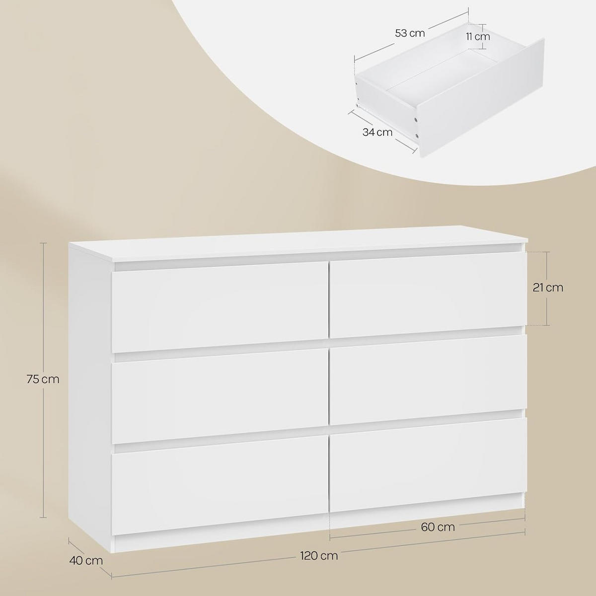 KOMMODE 6 Schubladen Holzwerkstoff 120/40/75 cm Weiß - Weiß, Holzwerkstoff (40/75/120cm) - Woltu