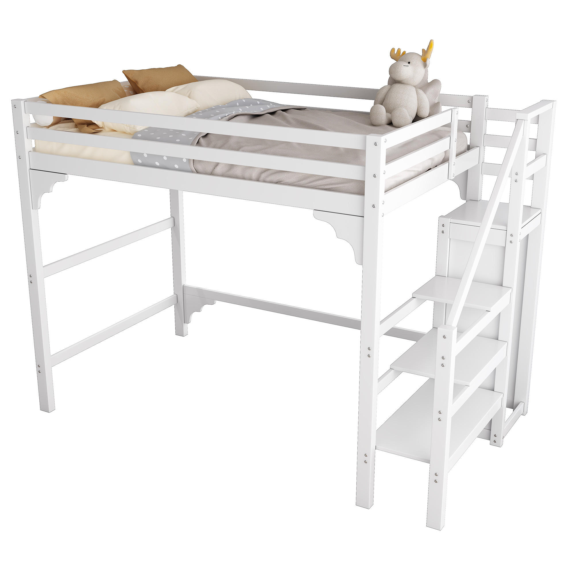 HOCHBETT 140/200 cm Weiß mit Kleiderschrank und Stauraumtreppe - Weiß, Holz (140/200cm) - Flora Grace