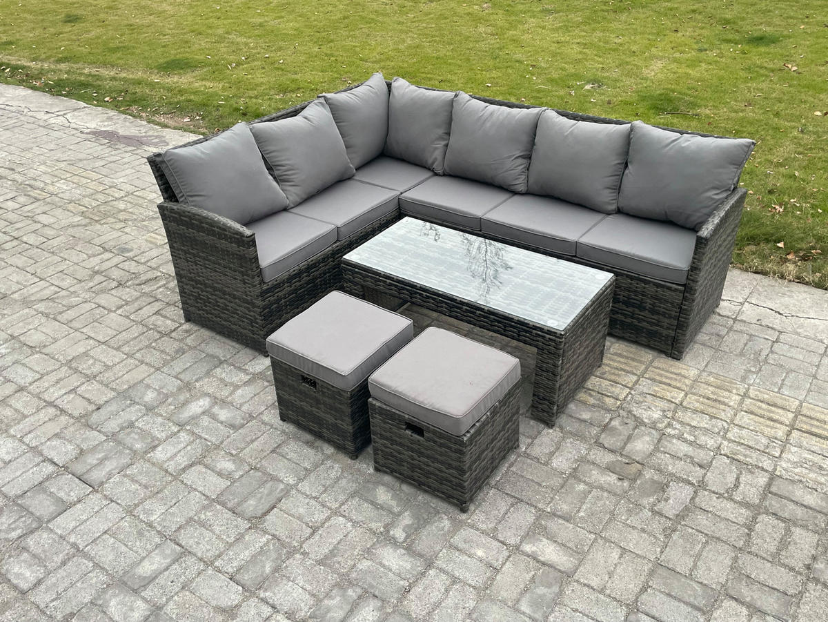 SITZGRUPPE mit Ecksofa,Länglicher Couchtisch,2 Kleine Hocker Polyrattan 8-Sitzer - Dunkelgrau/Grau, Glas/Kunststoff - Fimous