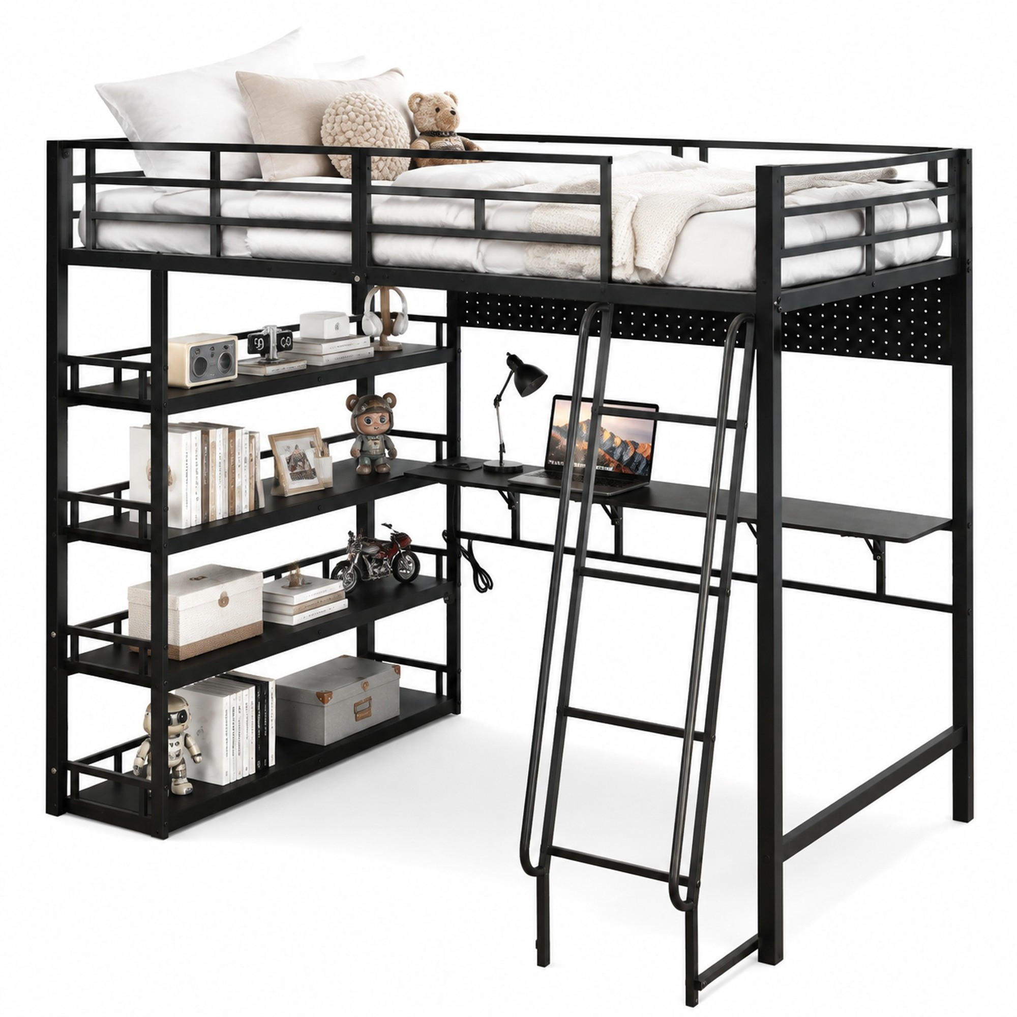 HOCHBETT 140/200 mit Ladeanschluss, Ablagen und Schrägleiter in Schwarz - Schwarz, Holzwerkstoff/Metall (140/200cm) - EVRYAE