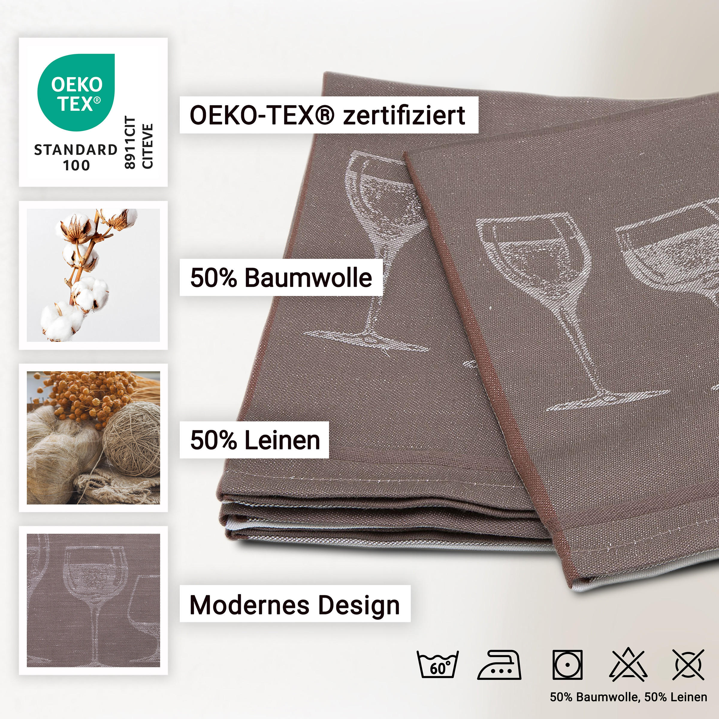 GESCHIRRTÜCHER, 4er-Set, 50x70 cm, 50% Baumwolle, 50% Leinen, Braun - Braun, Textil (50/70cm) - Zollner
