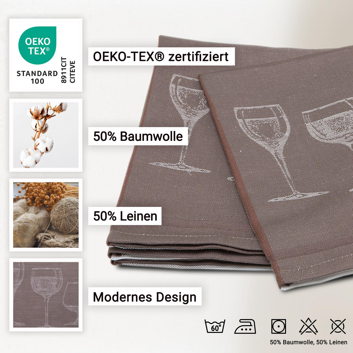GESCHIRRTÜCHER, 4er-Set, 50x70 cm, 50% Baumwolle, 50% Leinen, Braun - Braun, Textil (50/70cm) - Zollner