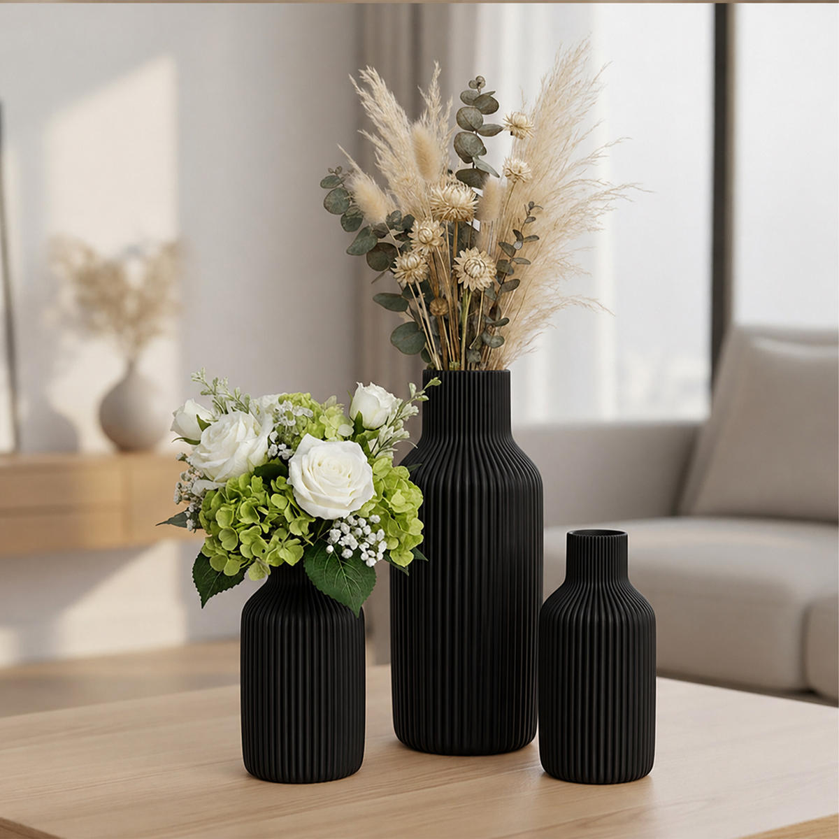 VASER Svarta 3-pack keramik - Svart, Keramik (20cm) - Relaxdays