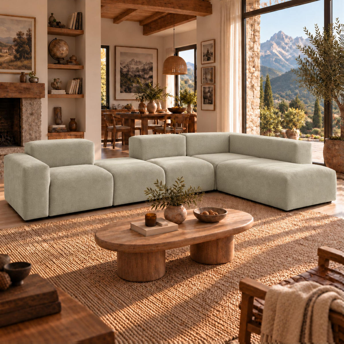 5-SITZER modulares Ecksofa HEAVEN SET 5 Rechts, Breite 380 cm Webstoff Olivgrün - Schwarz/Olivgrün, Holz/Kunststoff (245/380cm) - Muffo