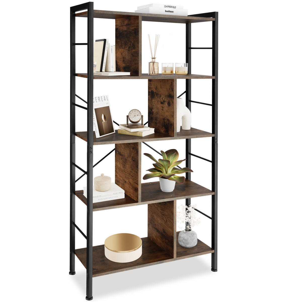 REGAL Charleston,inklusive Kippschutz, 75,5 x 30 x 155 cm,Industrial Holz dunkel, rustikal - Rostfarben, Holzwerkstoff (30/155/75.5cm) - tectake