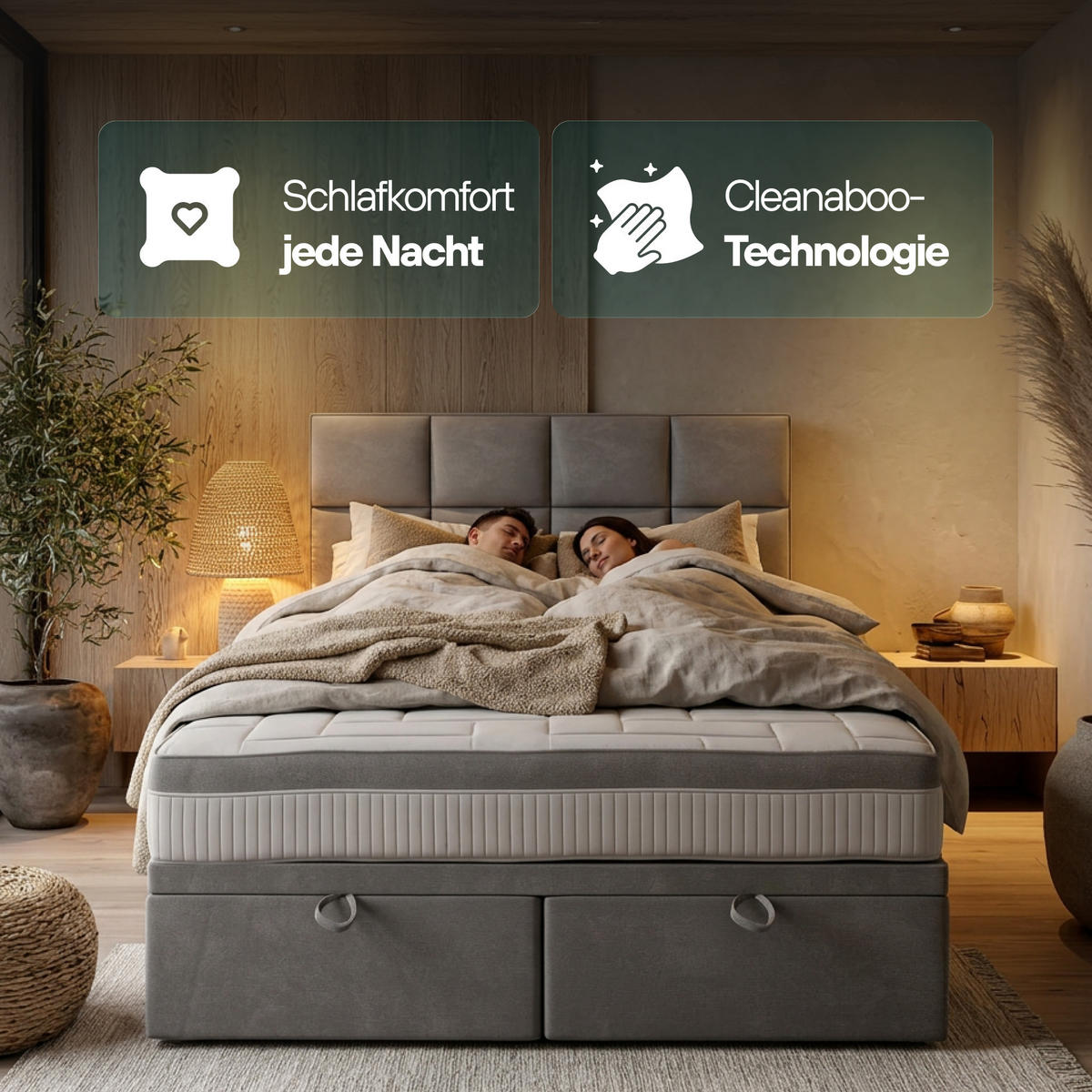 BOXBETT 140 x 200 cm mit Taschenmatratze TROPEA, Bettkasten und Gasöffnungsmechanismus und gepolsterte Kopfstütze, Grau - Grau, Holz/Kunststoff (140/200cm) - Trada
