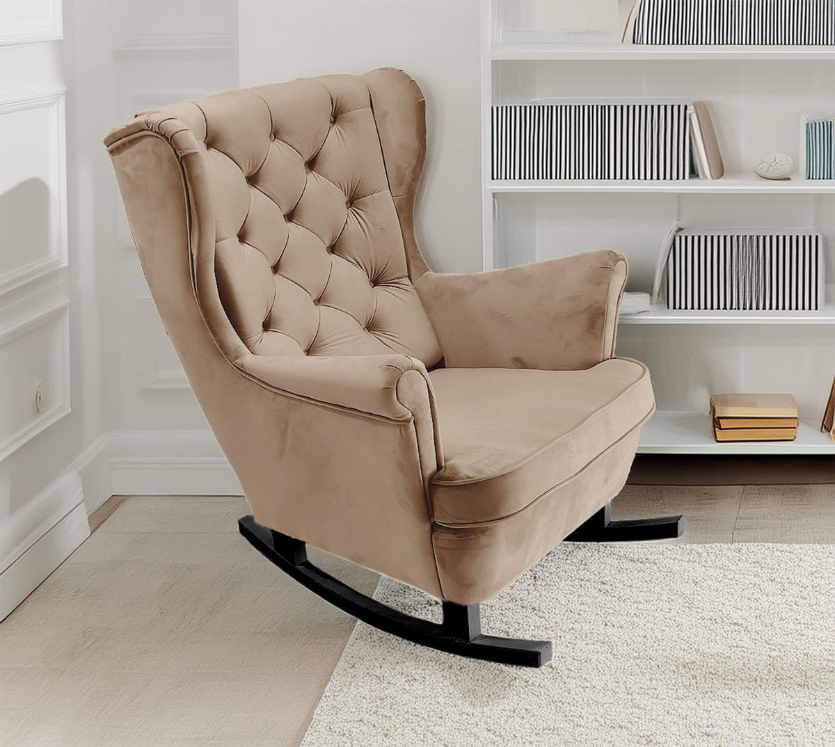 SCHAUKELSESSEL mit gepolstertem Sitz und Armlehnen, 102x81x95 cm, Cappuccino_29809 - Hellbraun/Schwarz, Holz/Textil (81/102/95cm) - DomoHome