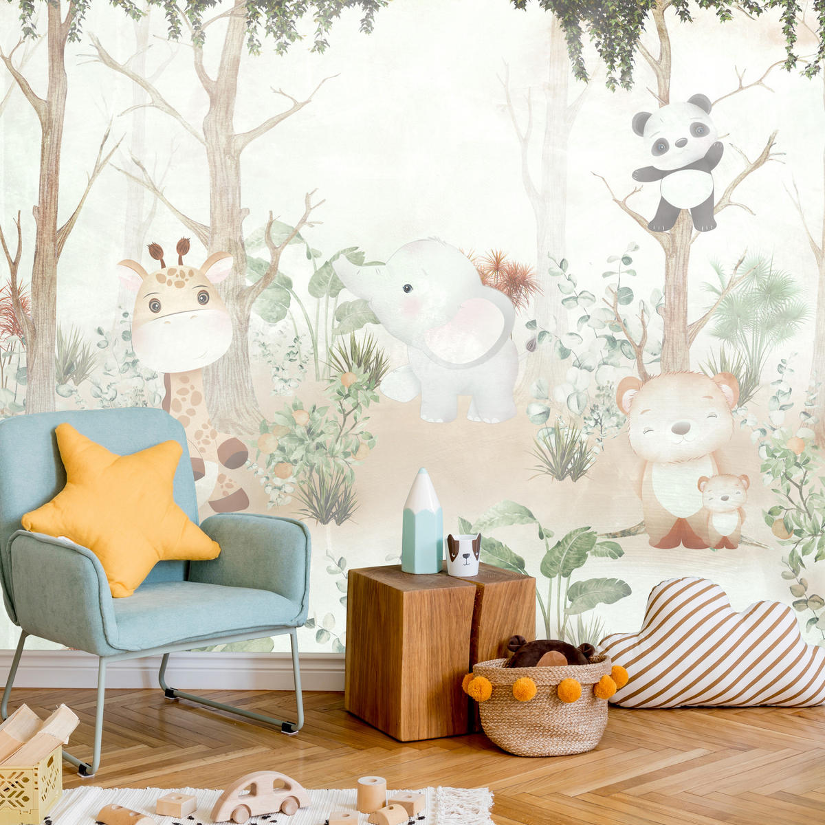 FOTOTAPETE für Kinder Tiere Wald Pflanzen 300x210 - Beige/Orange, Papier (300/210cm) - Muralo