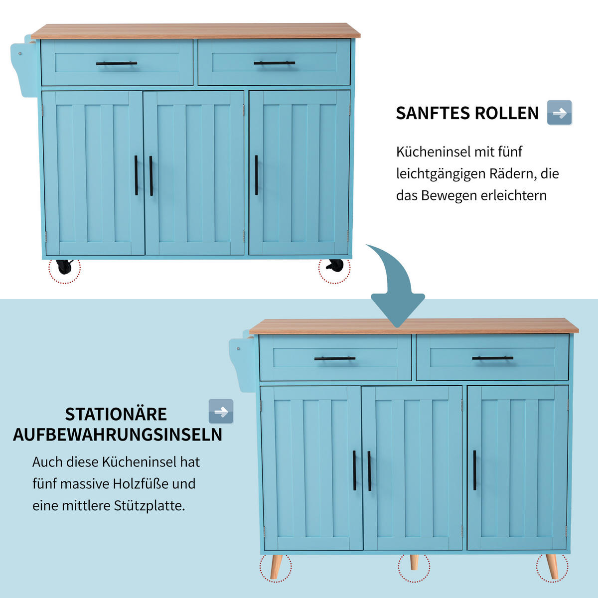 KÜCHENINSEL 129/71/91,5 cm Blau mit 2 Schubladen, Klappbarer Arbeitsplatte, 5 Universalrädern und Massivholzfüßen - Blau, Holz/Holzwerkstoff (120/91.5/46cm) - Oxeza