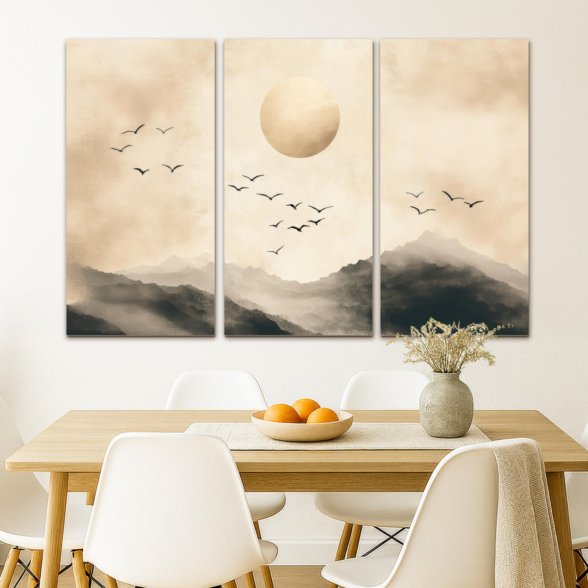 LEINWANDBILD 3er Set Landschaft - Japandi - Beige - Vögel 120x80 cm - Beige, Textil (120/80cm) - MuchoWow