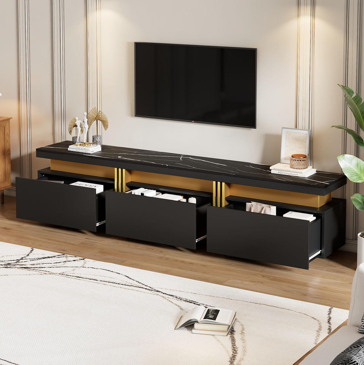 TV-SCHRANK in schwarzer Marmor-Optik mit 3 Schubladen 200/40/42 cm - Schwarz, Holzwerkstoff (200/42/40cm) - Redom