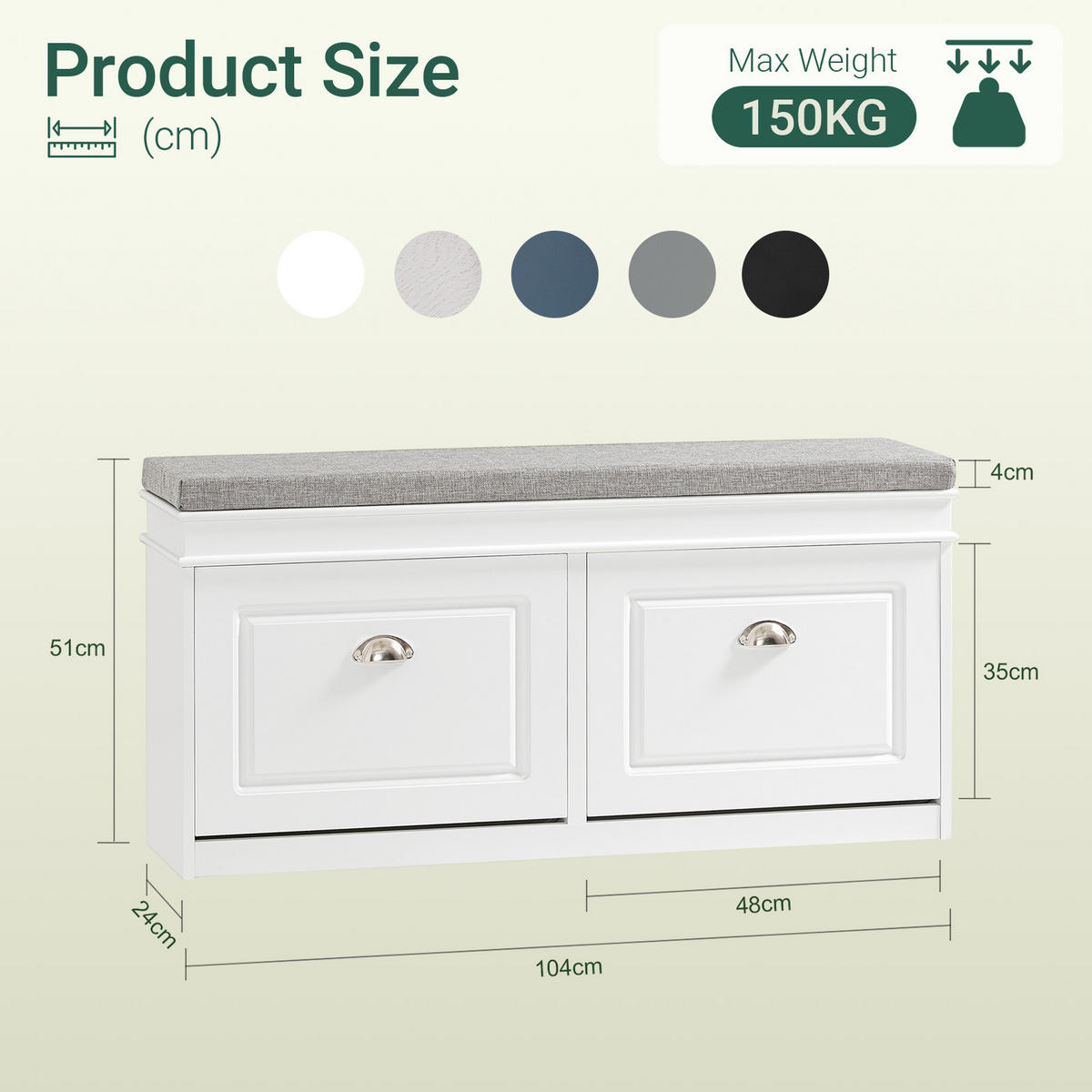 SCHUHBANK weiß, 104x52x24 cm, 2 Klappen für 8 Paar, Sitzpolster, bis 150 kg, schmal für Flur & Diele - Weiß, Holzwerkstoff (104/52/24cm) - SoBuy