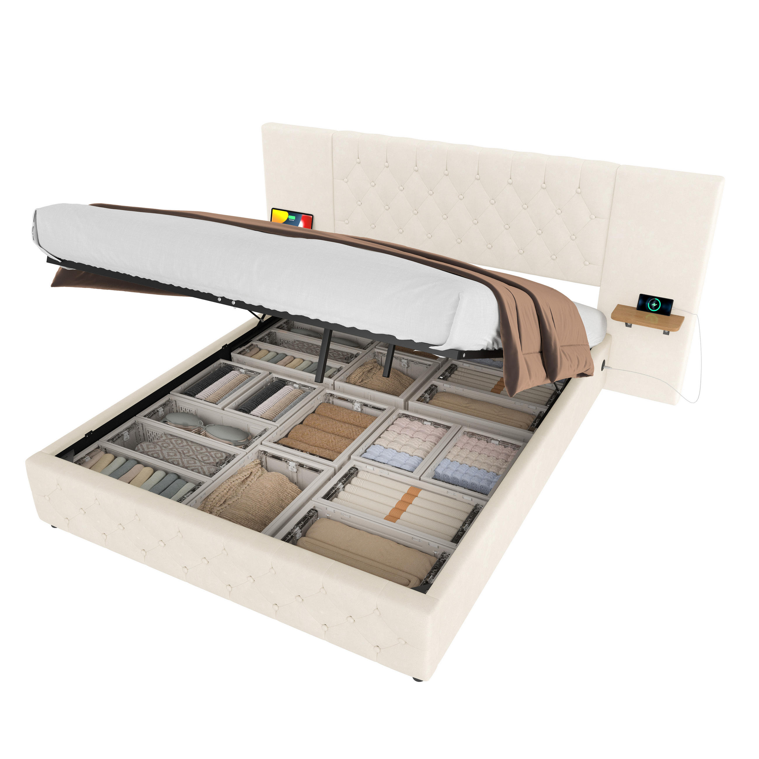 POLSTERBETT aus Samt 160x200 cm in Beige mit LED, USB & Stauraum - Beige, Textil (160/200cm) - Modfu