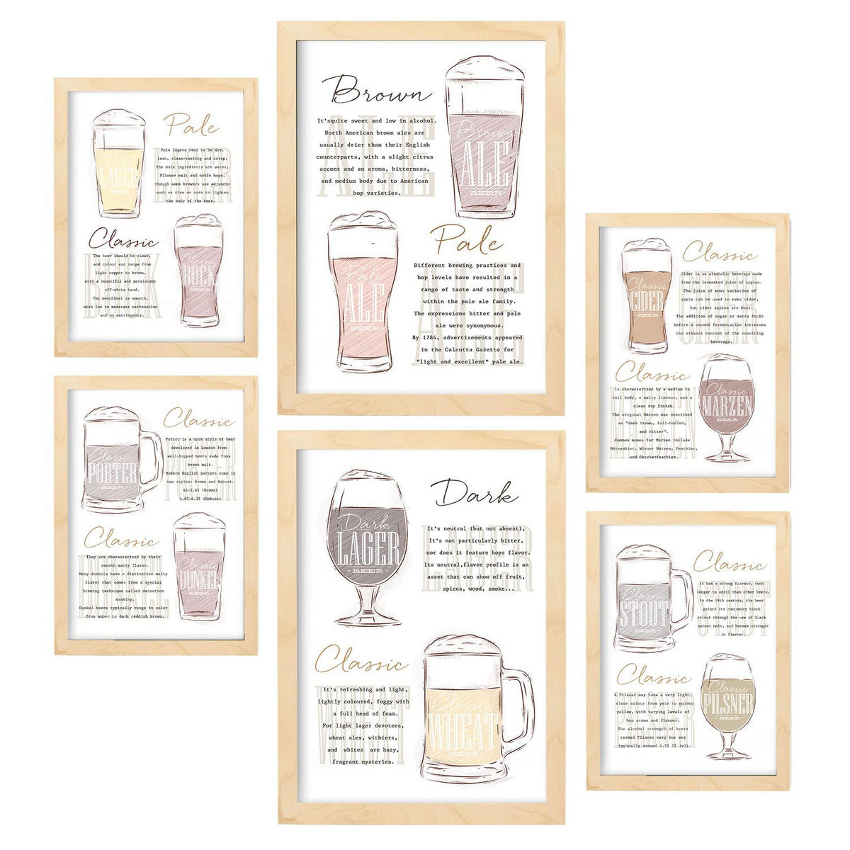 POSTER Set Mit 6 Ästhetisches Bier Größe A3 & A4 Rahmen aus hellem Holz - Beige, Papier (29.7/1cm) - Nacnic