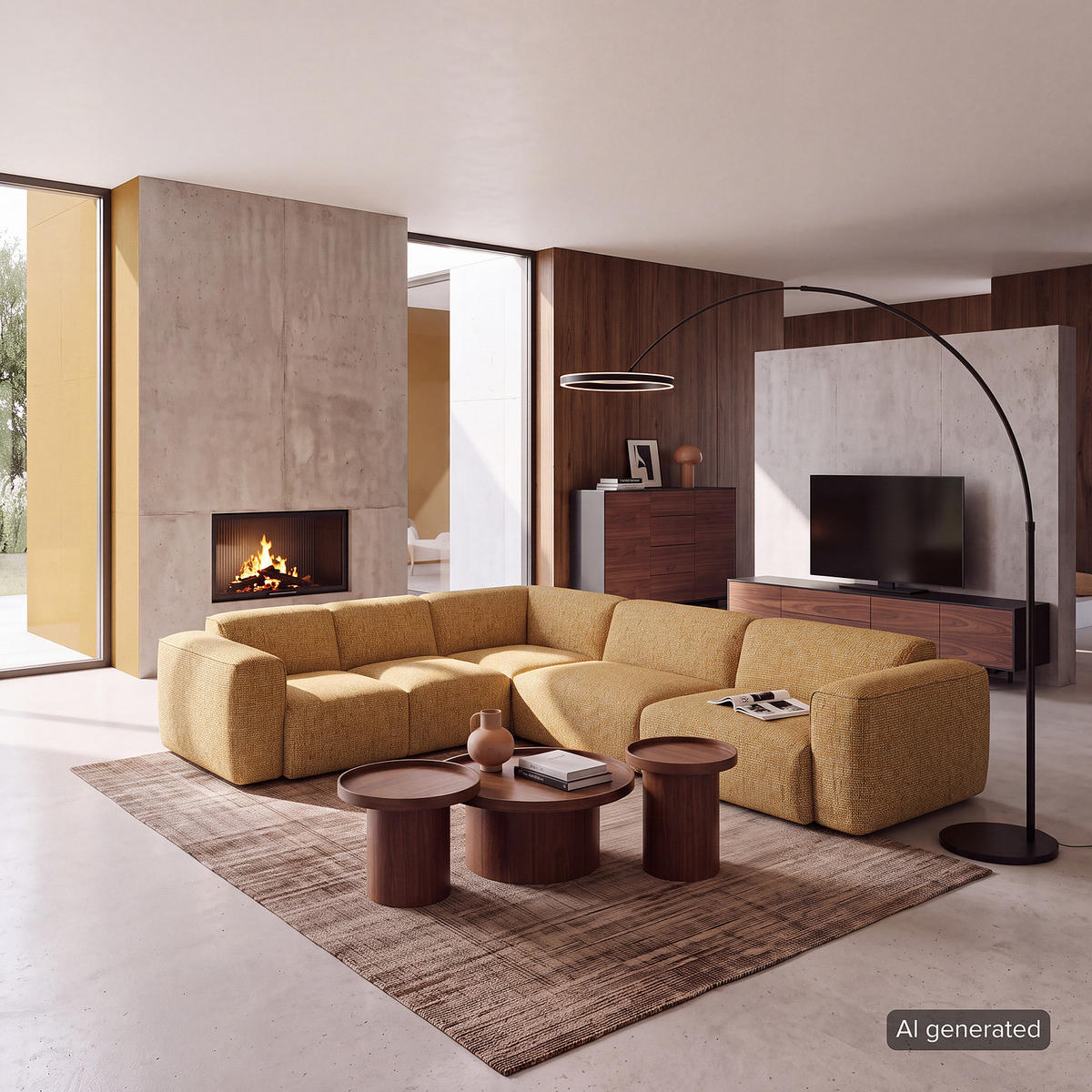 ECKSOFA mit Rundecke - Schwarz/Honig, Kunststoff/Textil (325/260cm) - home24
