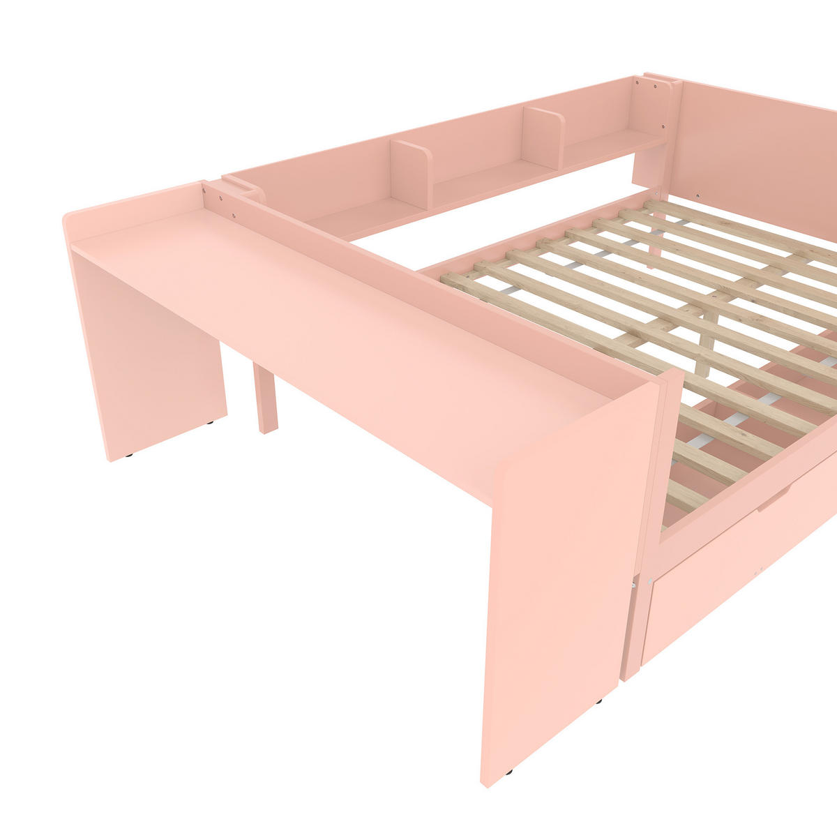 KINDERBETT aus Kiefer und Spanplatte 140x200 cm Weiß/Rosa mit Schreibtisch, 2 Schubladen und 3 Regalen - Rosa, Holzwerkstoff (140/200cm) - Modfu