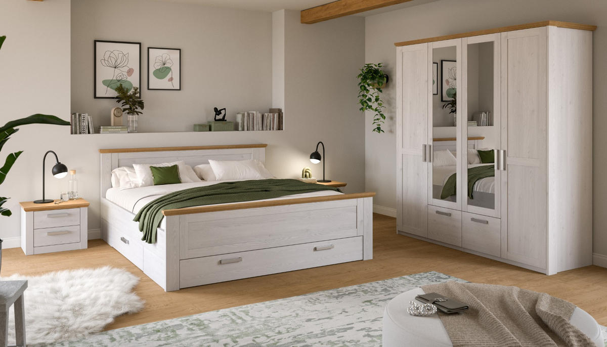 KLEIDERSCHRANK weiß Lärche, Eiche Artisan Landhaus, Drehtürenschrank 4-türig mit Spiegel - Eichefarben/Silberfarben, Glas/Holzwerkstoff (188/200/61cm) - Inn.Furn