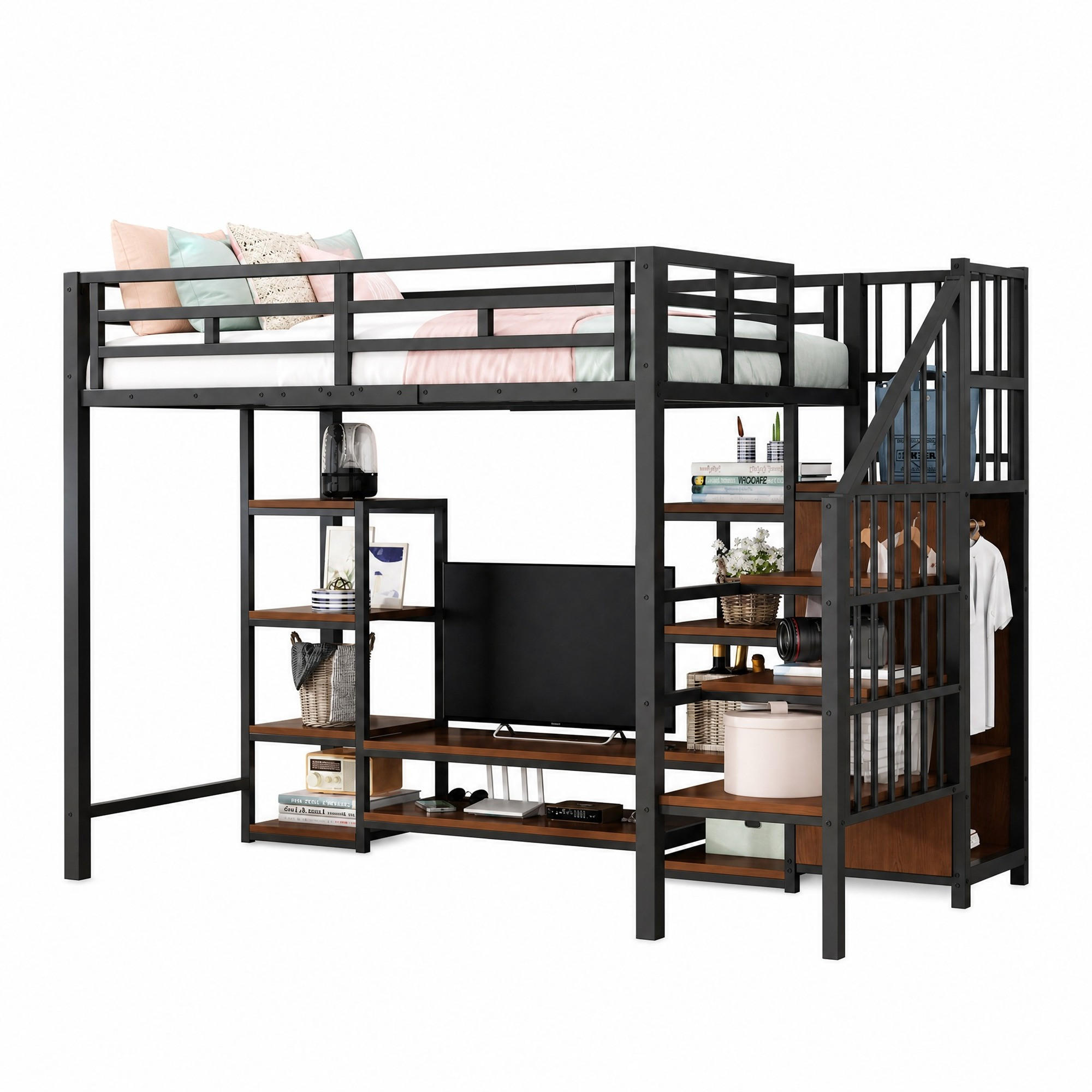 HOCHBETT 90/200 mit TV-Ablage, Steckdose und Stauraumleiter in Schwarz - Schwarz, Holz/Metall (90/200cm) - EVRYAE