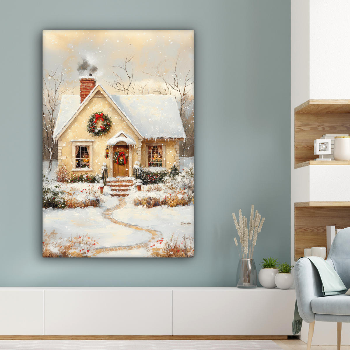 LEINWANDBILD Weihnachten - Zuhause - Winter - Schnee 80x120 cm - Creme, Textil (80/120cm) - MuchoWow