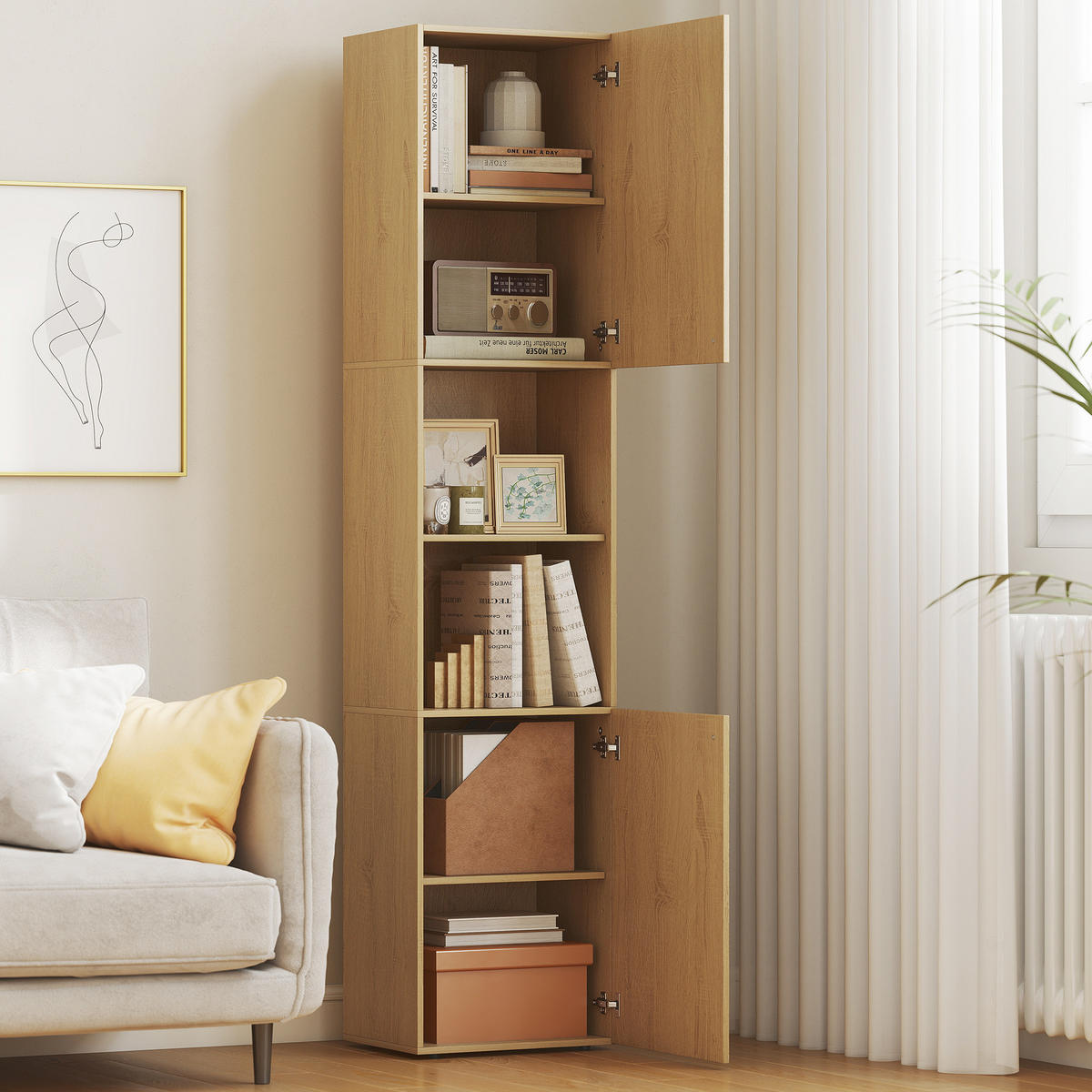 BADEZIMMERSCHRANK hoch schmal mit 2 Türen Verstellbaren Ablagen offenen Fächern - Eichefarben/Schwarz, Holzwerkstoff/Kunststoff (31/182/40cm) - HOMCOM