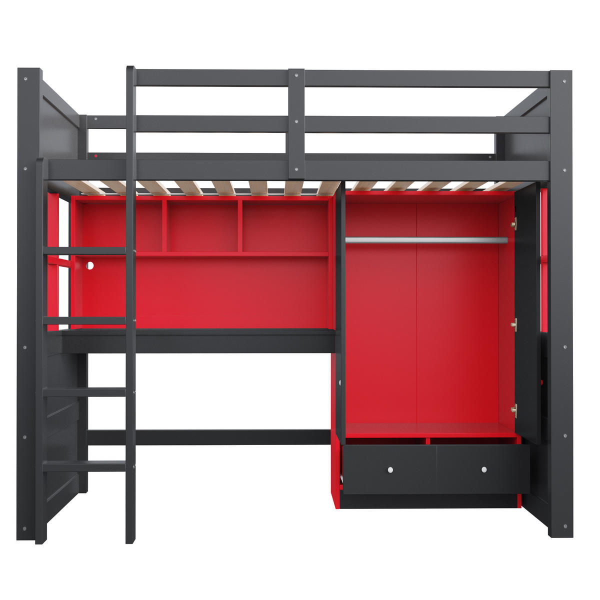 HOCHBETT Schwarz-Rot aus Holz 90×200cm im Gaming-Stil mit Leiter, Tisch, Kleiderschrank und LED-Beleuchtung - Schwarz, Holz (90/200cm) - Luhomfu