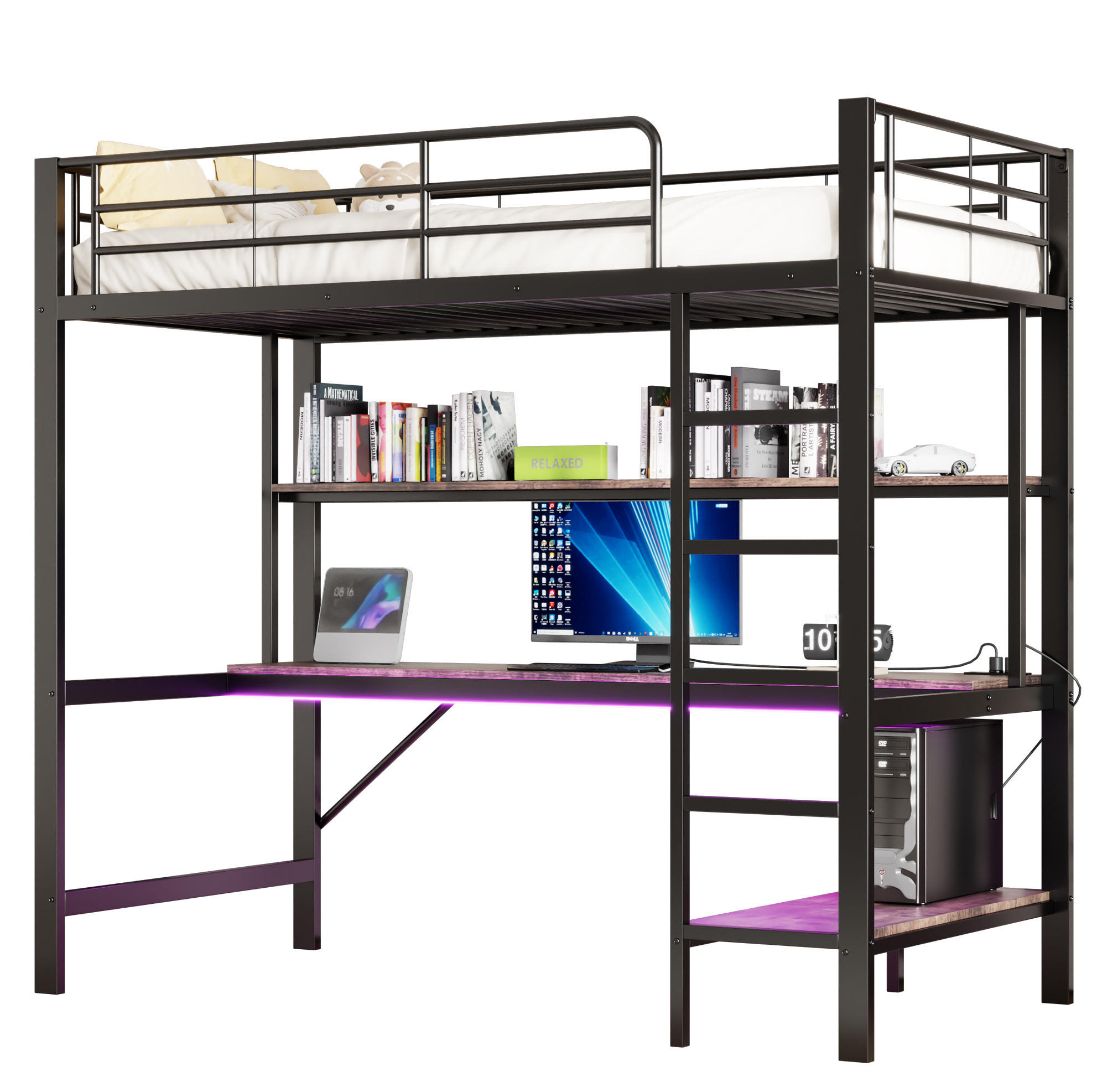 HOCHBETT 90/200 cm Schwarz mit Schreibtisch mit LED-Beleuchtung mit USB- und Steckdose aus Metall - Schwarz, Metall (90/200cm) - OKWISH