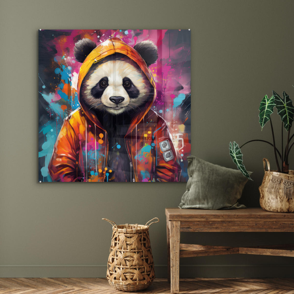 ACRYLGLASBILD Panda - Jacke - Graffiti - Orange 90x90 cm - Orange, Glas (90/90cm) - MuchoWow