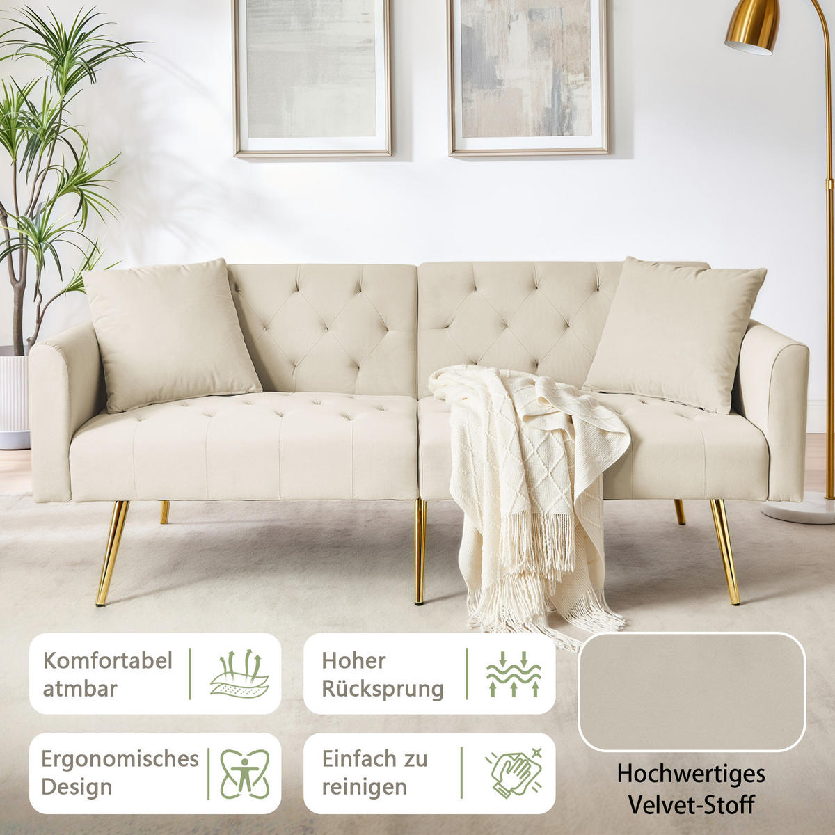 SCHLAFSOFA 177/78/74 cm in Beige Samt mit Aufbewahrungstasche - Beige, Textil (78/74/177cm) - Oxeza